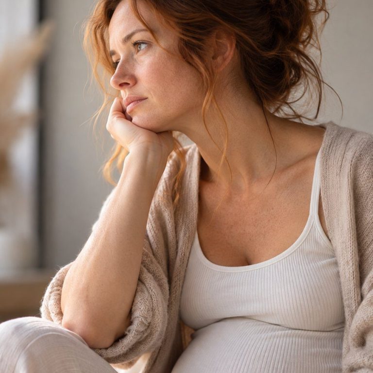 Future maman pensive et inquiète pendant sa grossesse